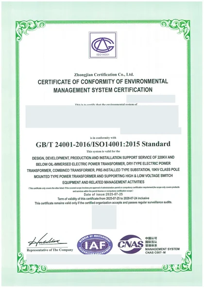 Redacted preview of ISO 14001 Environmental Management System Certificate