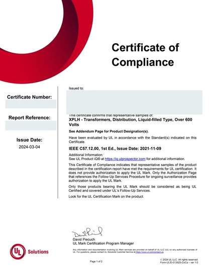 Redacted preview of UL Certificate - Liquid-Filled Transformers