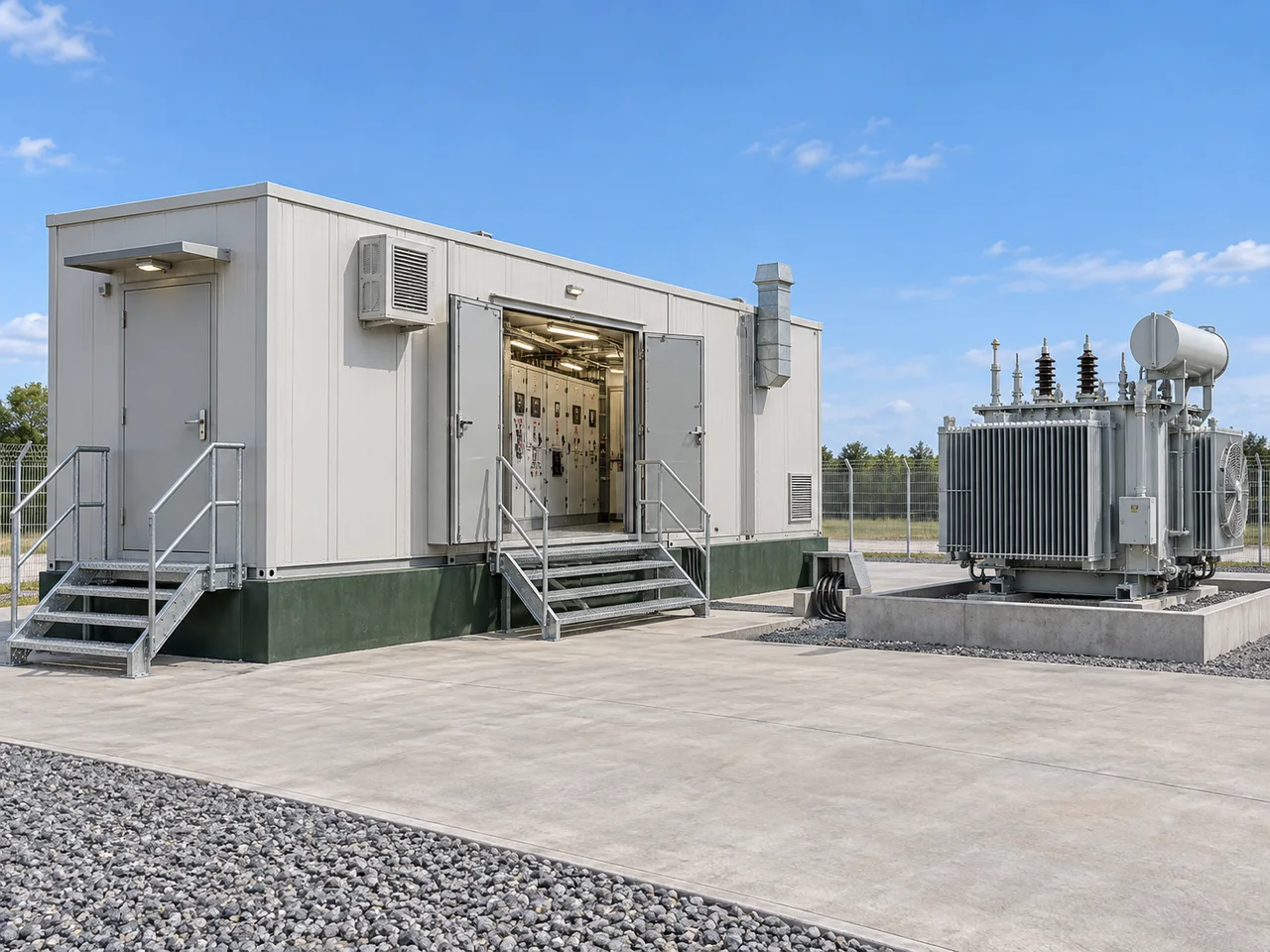 Concept of a large independent electrical E-House with personnel entrance and an external transformer on a separate plinth