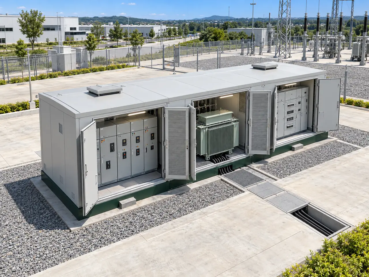 Concept of a compact MV/LV substation from an elevated oblique view showing roof, compartments and site interfaces