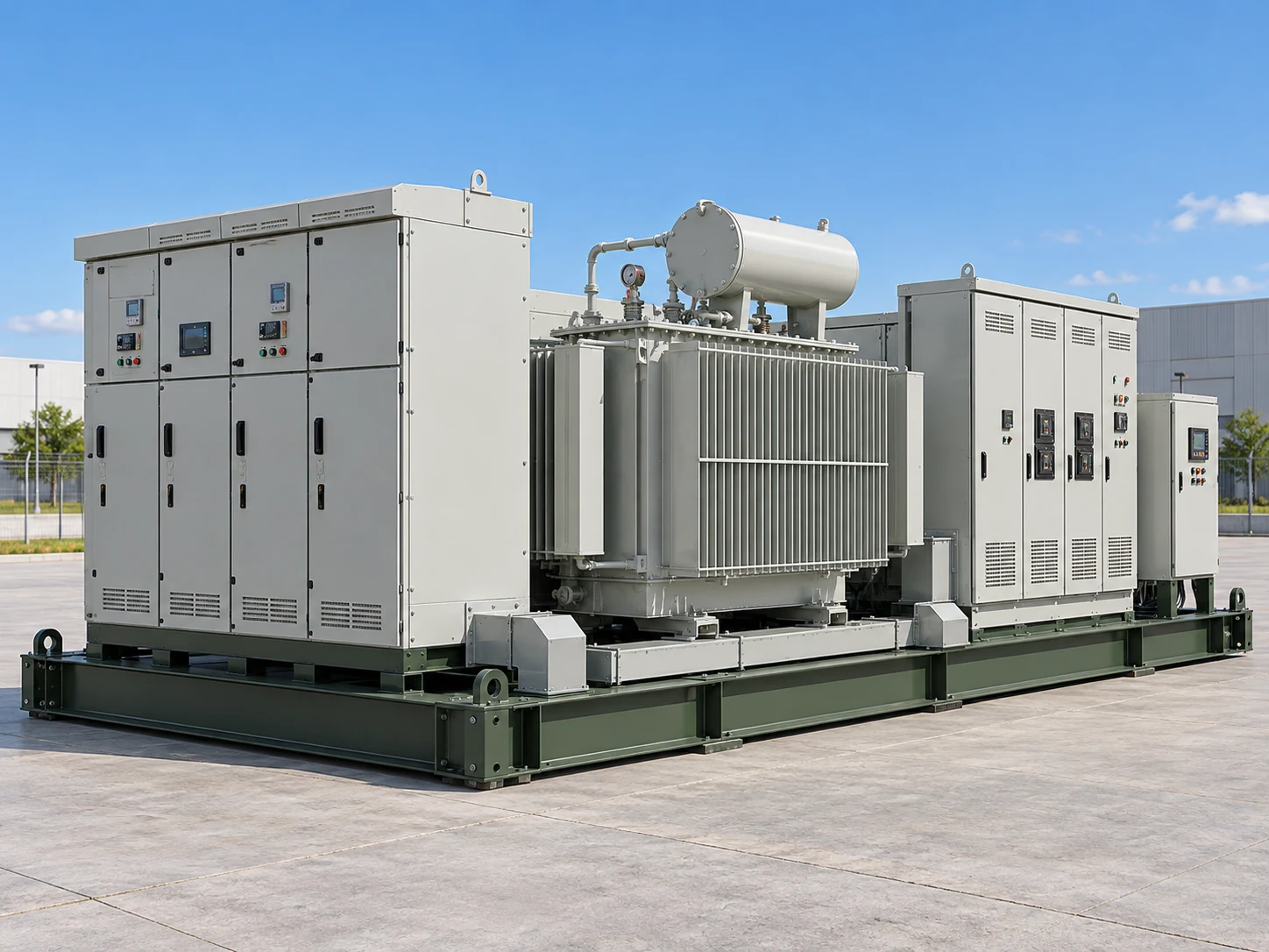 Concept of MV switchgear, transformer and LV switchboard on one engineered steel skid